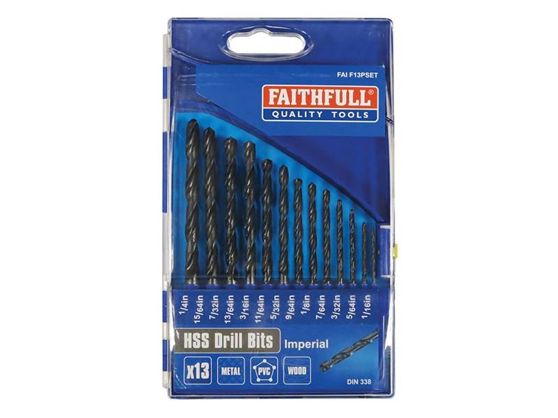 A blue plastic case containing 13 Faithfull HSS drill bits in various sizes, labeled for use with metal, PVC, and wood. The bits are arranged in a row, with size markings visible on the case.