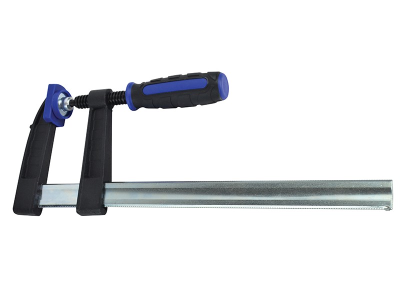 A Faithfull sash clamp with a long steel bar, a fixed jaw, and a sliding adjustable tail stop, for clamping wide assemblies during gluing.