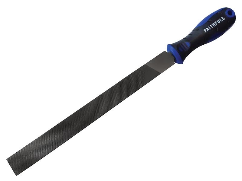 A Faithfull bastard needle file with a hardened steel abrasive surface and a turned wooden or synthetic handle, for shaping and deburring metal.