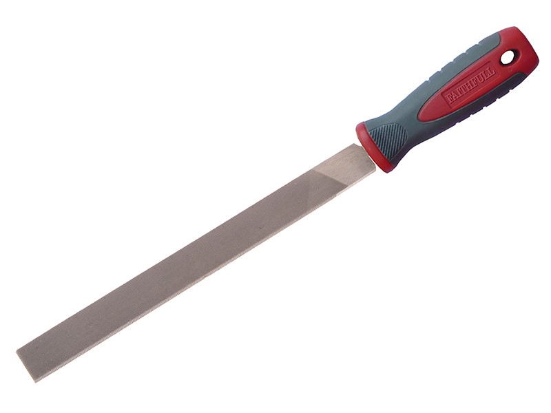 A Faithfull bastard needle file with a hardened steel abrasive surface and a turned wooden or synthetic handle, for shaping and deburring metal.