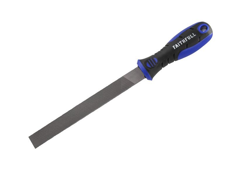 A Faithfull bastard needle file with a hardened steel abrasive surface and a turned wooden or synthetic handle, for shaping and deburring metal.