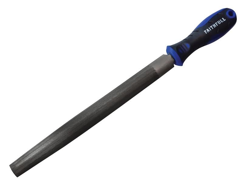 A Faithfull second-cut round file with a hardened steel abrasive surface and a turned wooden or synthetic handle, for shaping and deburring metal.