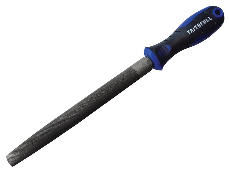 A Faithfull second-cut round file with a hardened steel abrasive surface and a turned wooden or synthetic handle, for shaping and deburring metal.