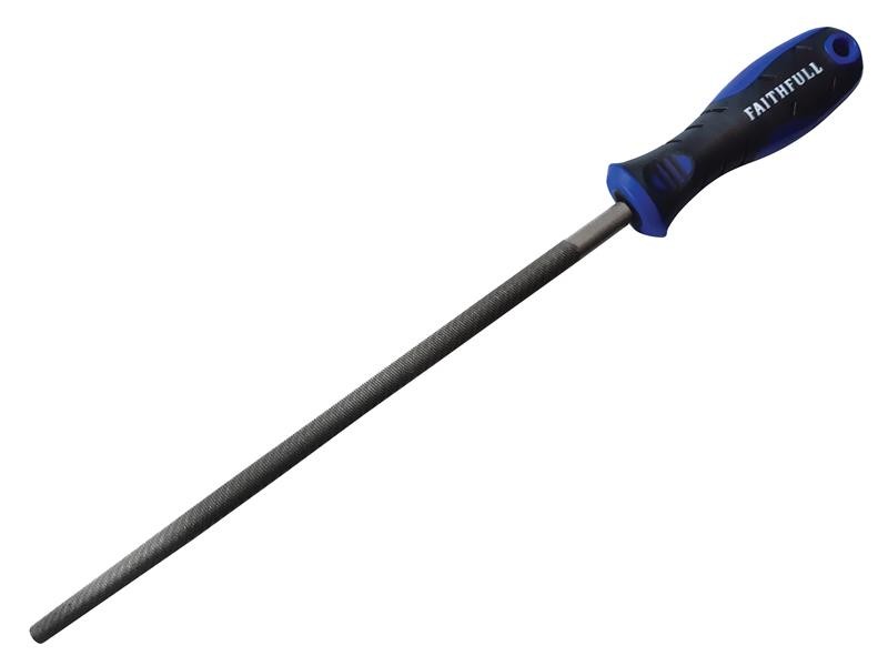 A Faithfull second-cut round file with a hardened steel abrasive surface and a turned wooden or synthetic handle, for shaping and deburring metal.