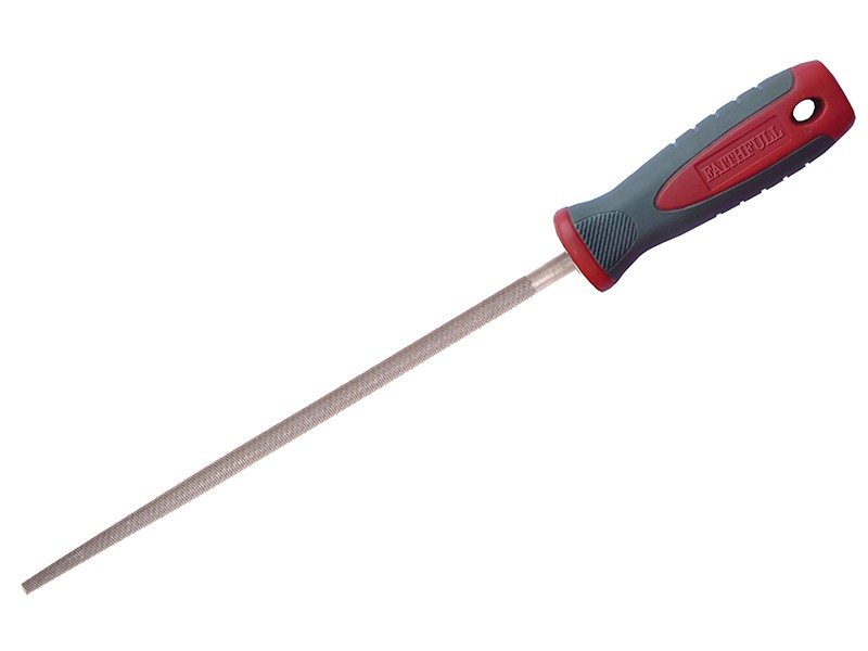A Faithfull second-cut round file with a hardened steel abrasive surface and a turned wooden or synthetic handle, for shaping and deburring metal.