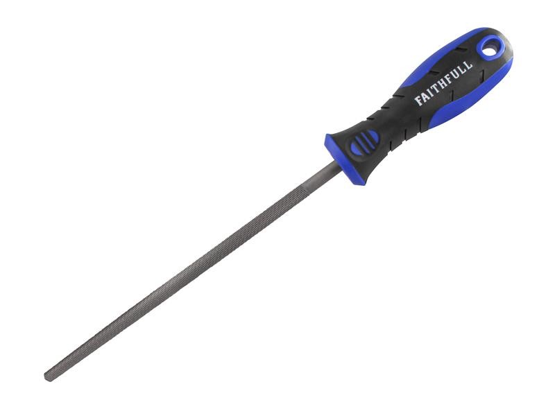A Faithfull second-cut round file with a hardened steel abrasive surface and a turned wooden or synthetic handle, for shaping and deburring metal.