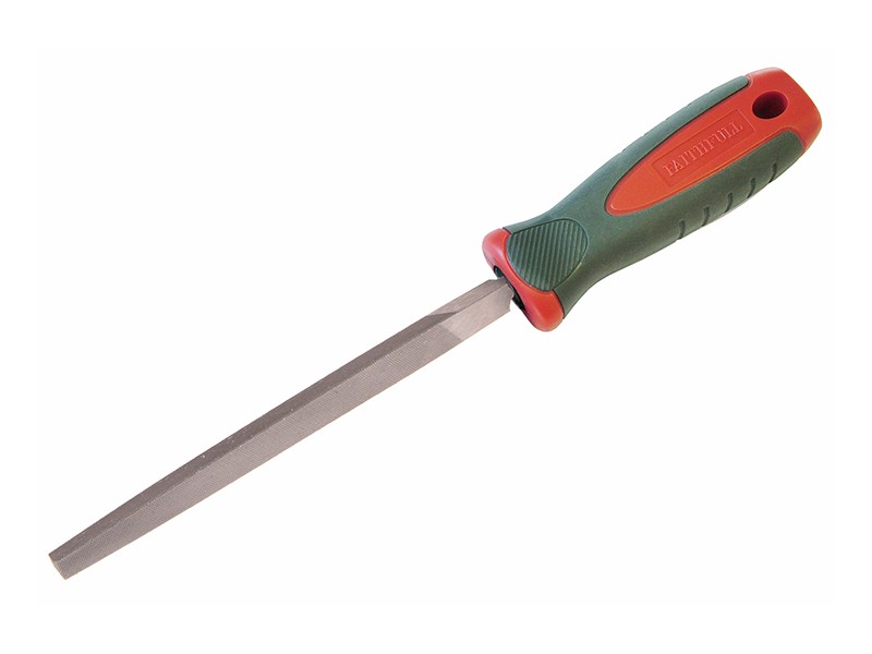 A Faithfull second-cut square file with a hardened steel abrasive surface and a turned wooden or synthetic handle, for shaping and deburring metal.