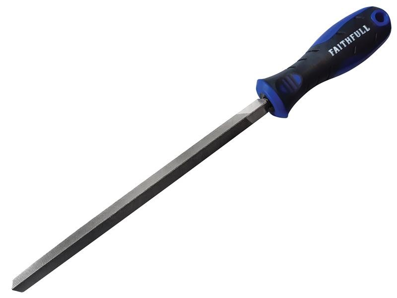 A Faithfull second-cut square file with a hardened steel abrasive surface and a turned wooden or synthetic handle, for shaping and deburring metal.