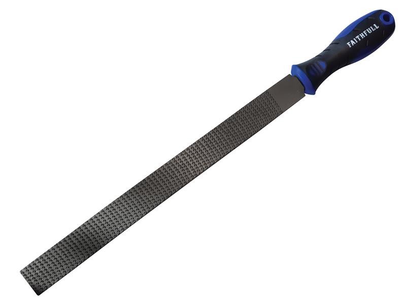 A Faithfull flat file with a hardened steel abrasive surface and a turned wooden or synthetic handle, for shaping and deburring metal.