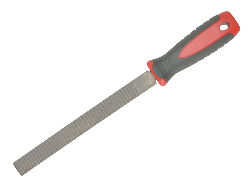 A Faithfull flat file with a hardened steel abrasive surface and a turned wooden or synthetic handle, for shaping and deburring metal.