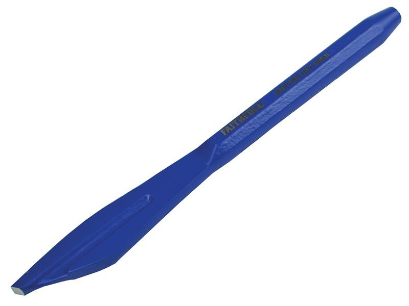 A hardened steel chisel with a bevelled cutting edge and a square-section body, for cutting stone, brick, or timber.