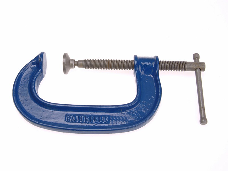 A Faithfull  250mm G-clamp with a malleable iron body and a swivel pad, for holding workpieces securely to a bench or frame.