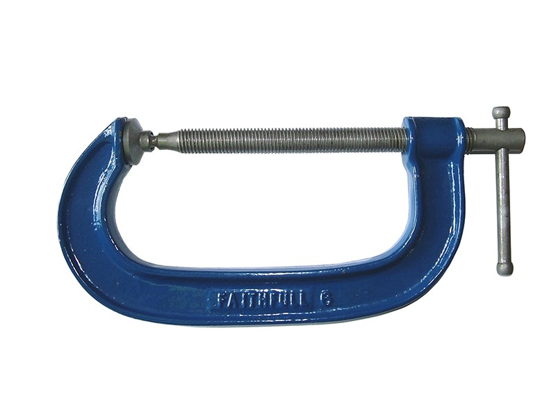 A Faithfull  50mm G-clamp with a malleable iron body and a swivel pad, for holding workpieces securely to a bench or frame.