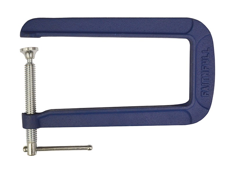 A blue metal G-clamp with a silver threaded screw and handle, used for holding objects tightly together; the word FAITHFULL is embossed on the frame.
