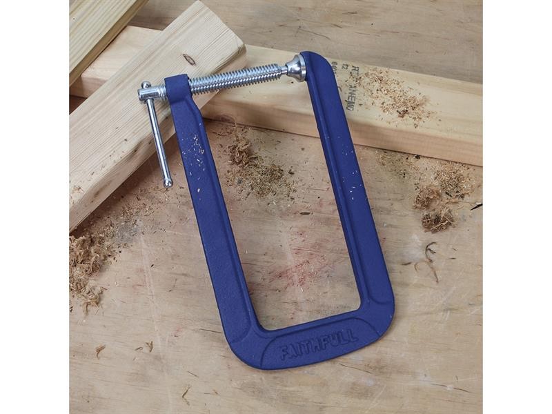 A Faithfull  85mm G-clamp with a malleable iron body and a swivel pad, for holding workpieces securely to a bench or frame.