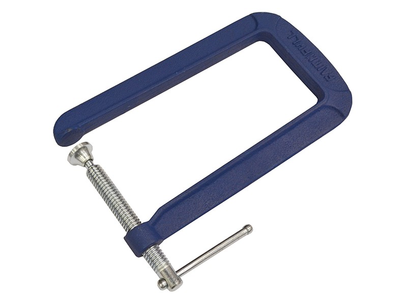 A blue metal C-clamp with a silver screw and handle, used for holding objects tightly together in woodworking or metalworking.