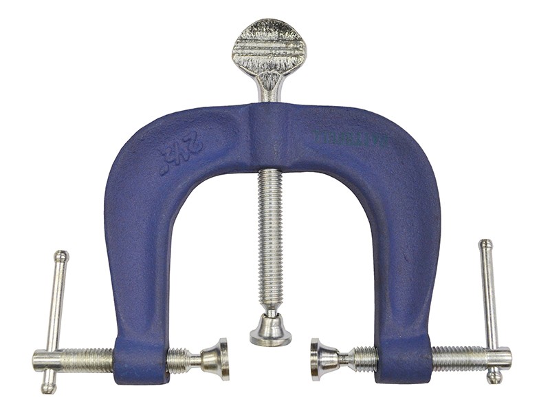 A blue metal three-way C-clamp with a large central screw and two smaller side screws, all with silver handles, used for holding objects securely in place.