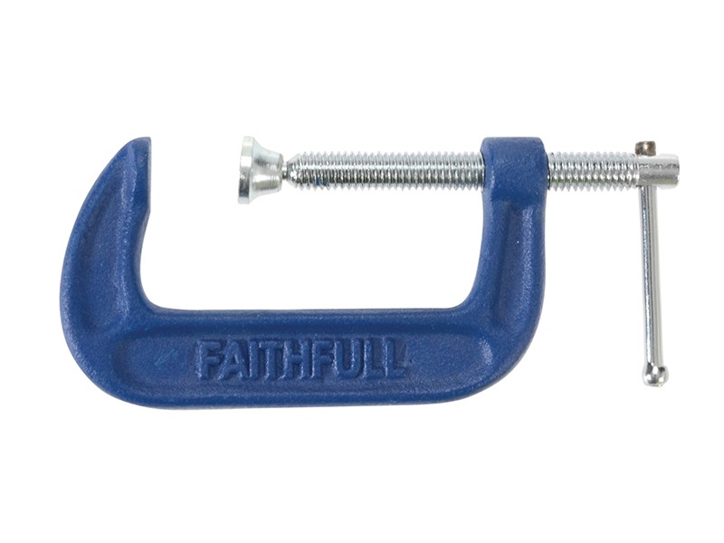 A Faithfull  50mm G-clamp with a malleable iron body and a swivel pad, for holding workpieces securely to a bench or frame.