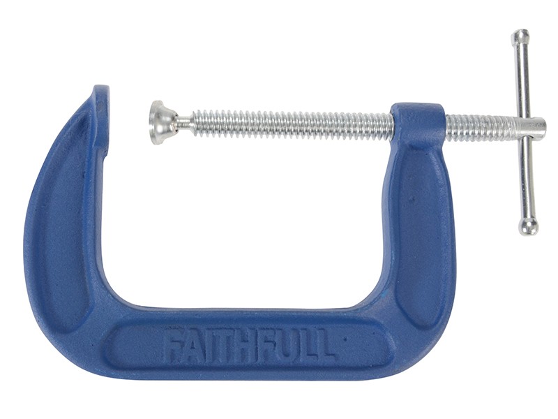A Faithfull  100mm G-clamp with a malleable iron body and a swivel pad, for holding workpieces securely to a bench or frame.