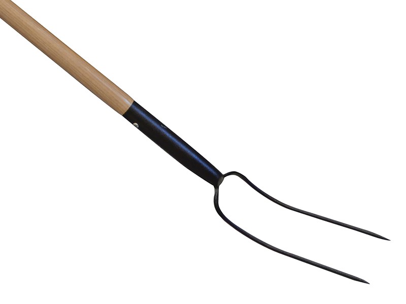 A Faithfull garden fork with four hardened steel tines and a wooden handle, for breaking up soil and lifting root vegetables.