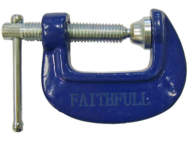 A Faithfull clamp with an adjustable jaw and a screw-tightening mechanism, for holding workpieces in position during cutting, drilling, or bonding.