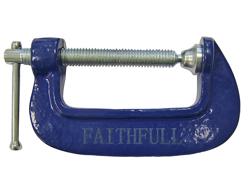 A Faithfull clamp with an adjustable jaw and a screw-tightening mechanism, for holding workpieces in position during cutting, drilling, or bonding.