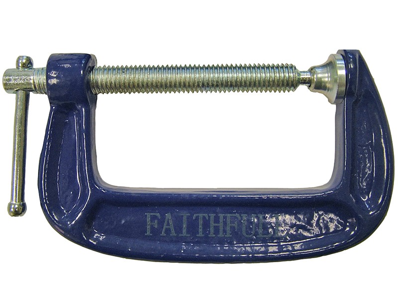 A Faithfull clamp with an adjustable jaw and a screw-tightening mechanism, for holding workpieces in position during cutting, drilling, or bonding.