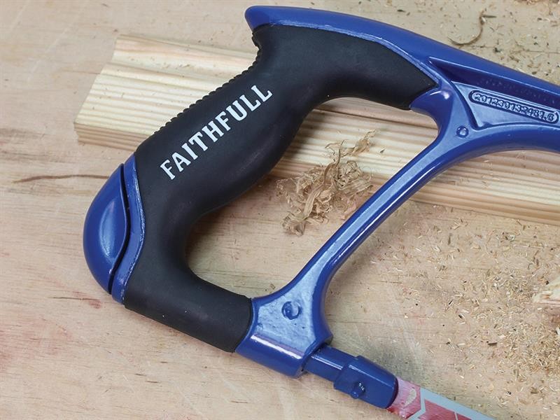 A hacksaw with a metal frame, adjustable blade tension, and a pistol-grip handle, for cutting metal bar, pipe, and conduit.