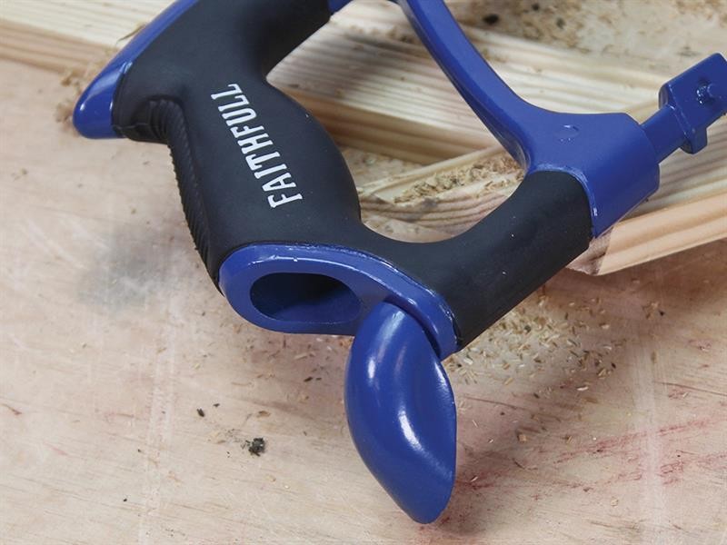 A hacksaw with a metal frame, adjustable blade tension, and a pistol-grip handle, for cutting metal bar, pipe, and conduit.