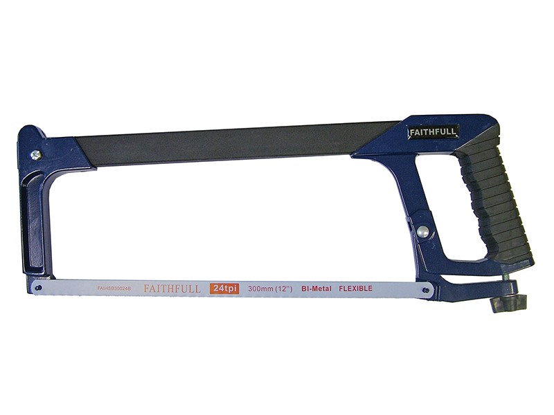 A hacksaw with a metal frame, adjustable blade tension, and a pistol-grip handle, for cutting metal bar, pipe, and conduit.