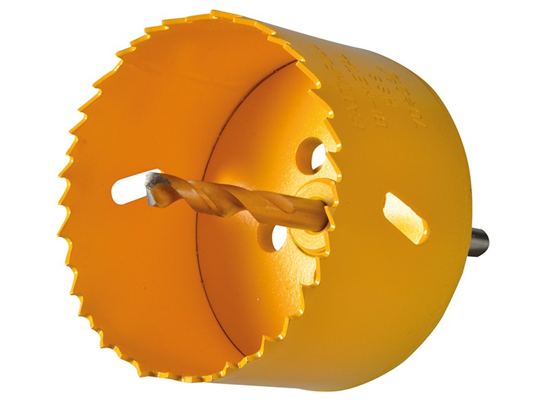 A bi-metal 70mm hole saw with hardened teeth and a centre drill-bit pilot, for cutting large-diameter holes in timber, metal, and plastic.