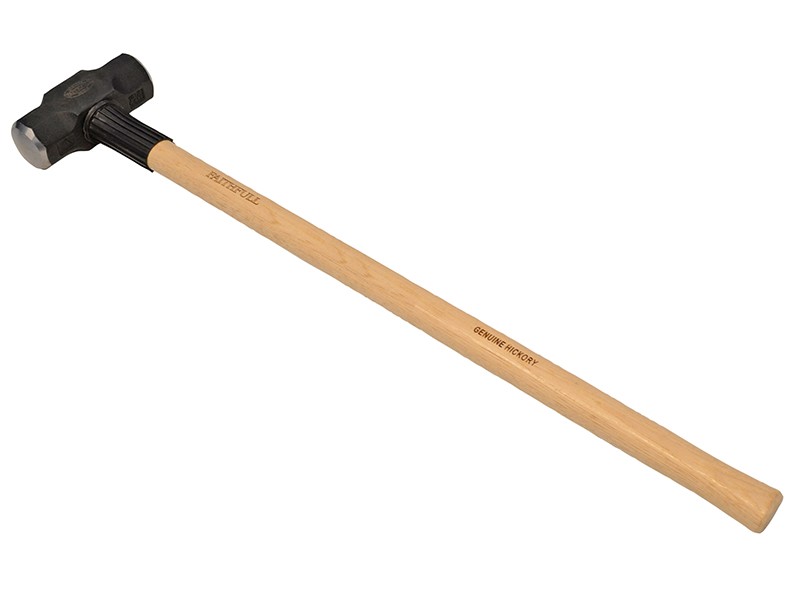 A 3.18kg sledgehammer with a heavy steel head and a long wooden handle, for heavy demolition, driving stakes, and breaking up masonry.