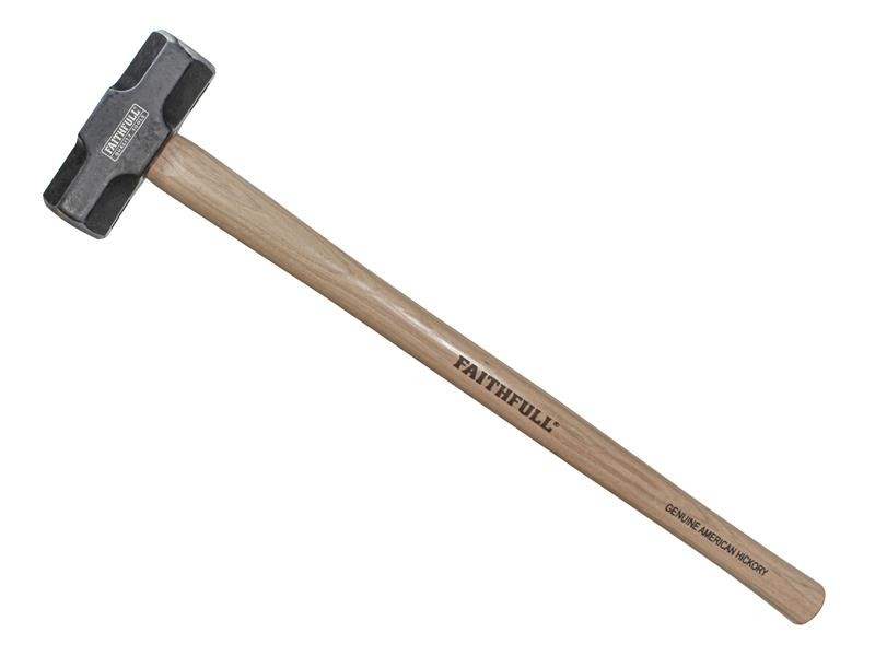 A sledgehammer with a wooden handle and a heavy, rectangular metal head. The handle has the brand name FAITHFULL and GENUINE AMERICAN HICKORY printed on it.