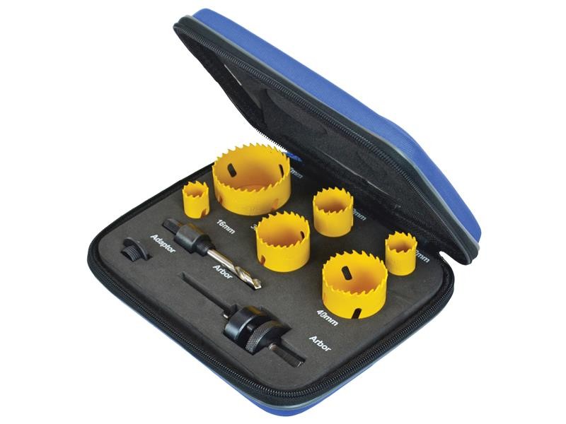 A bi-metal 51mm hole saw with hardened teeth and a centre drill-bit pilot, for cutting large-diameter holes in timber, metal, and plastic.