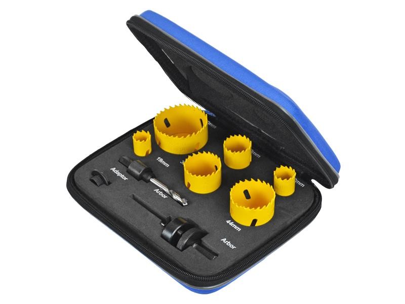 A bi-metal hole saw with hardened teeth and a centre drill-bit pilot, for cutting large-diameter holes in timber, metal, and plastic.