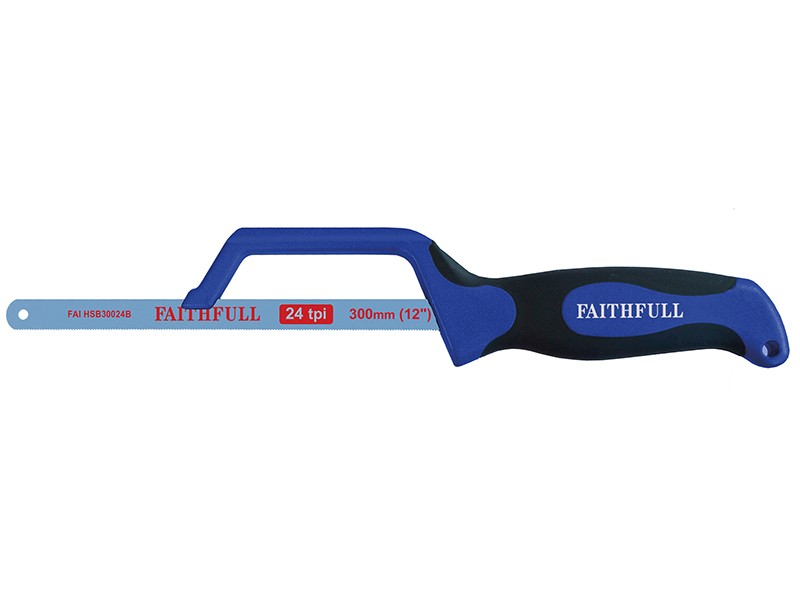 A saw with a hardened blade and a comfortable handle, for cutting timber, metal, or masonry.