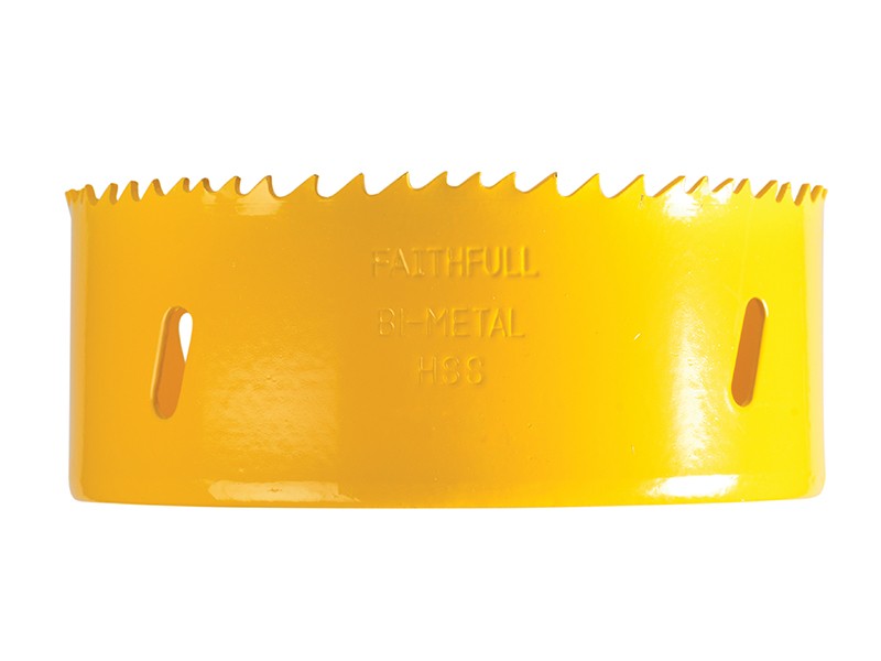 A bi-metal 102mm hole saw with hardened teeth and a centre drill-bit pilot, for cutting large-diameter holes in timber, metal, and plastic.