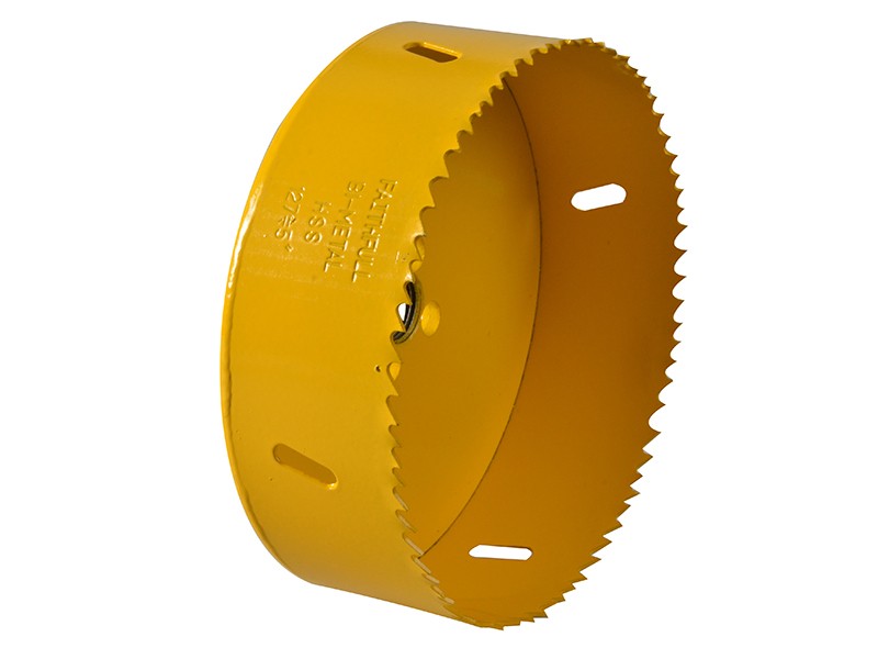A bi-metal 127mm hole saw with hardened teeth and a centre drill-bit pilot, for cutting large-diameter holes in timber, metal, and plastic.