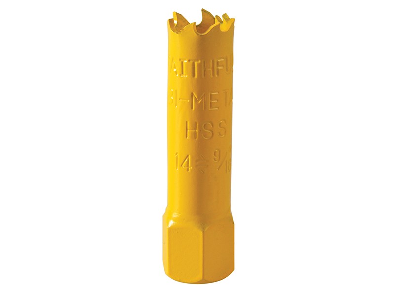 A bi-metal 14mm hole saw with hardened teeth and a centre drill-bit pilot, for cutting large-diameter holes in timber, metal, and plastic.