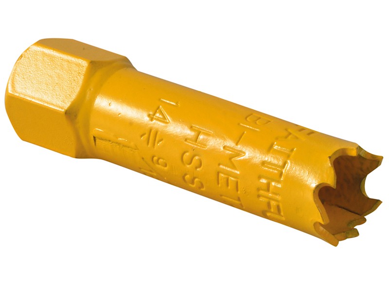 A bi-metal 14mm hole saw with hardened teeth and a centre drill-bit pilot, for cutting large-diameter holes in timber, metal, and plastic.