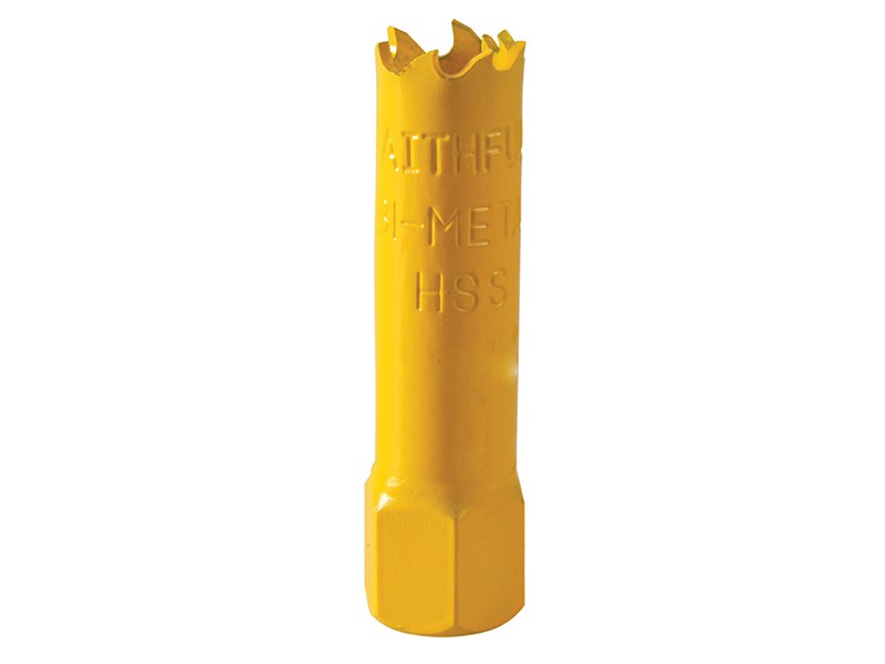 A bi-metal 16mm hole saw with hardened teeth and a centre drill-bit pilot, for cutting large-diameter holes in timber, metal, and plastic.