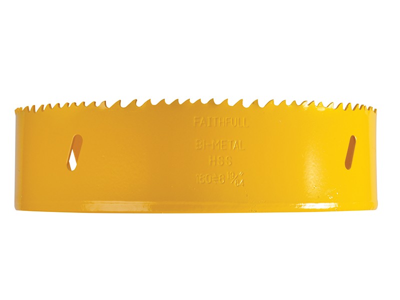 A bi-metal 160mm hole saw with hardened teeth and a centre drill-bit pilot, for cutting large-diameter holes in timber, metal, and plastic.