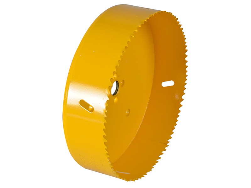 A bi-metal 160mm hole saw with hardened teeth and a centre drill-bit pilot, for cutting large-diameter holes in timber, metal, and plastic.