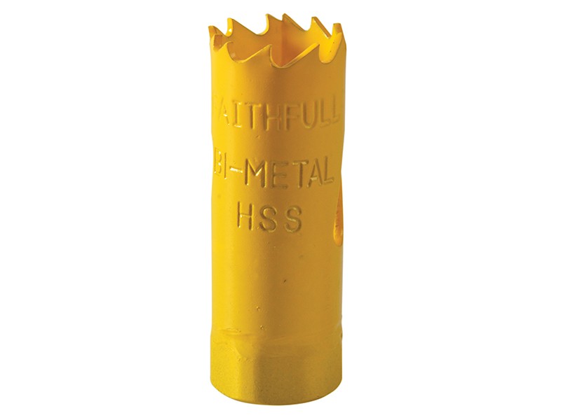 A bi-metal 21mm hole saw with hardened teeth and a centre drill-bit pilot, for cutting large-diameter holes in timber, metal, and plastic.