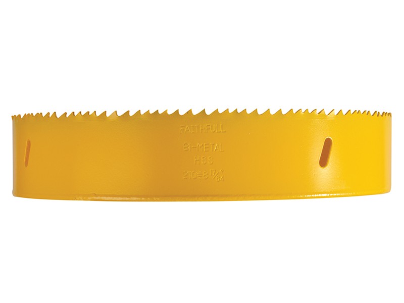 A bi-metal 210mm hole saw with hardened teeth and a centre drill-bit pilot, for cutting large-diameter holes in timber, metal, and plastic.