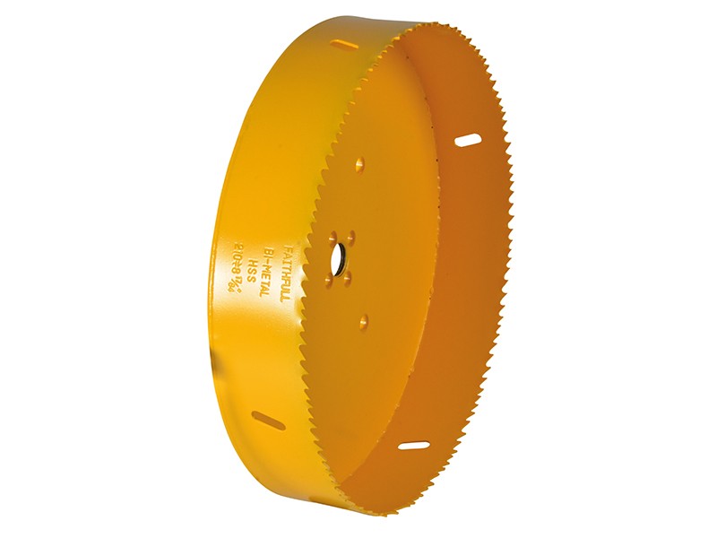 A bi-metal 210mm hole saw with hardened teeth and a centre drill-bit pilot, for cutting large-diameter holes in timber, metal, and plastic.