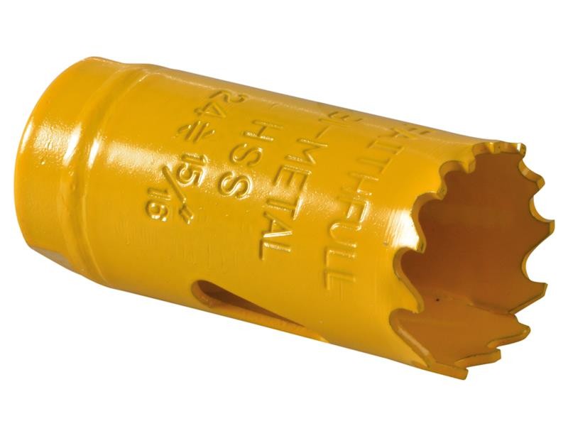 A bi-metal 24mm hole saw with hardened teeth and a centre drill-bit pilot, for cutting large-diameter holes in timber, metal, and plastic.