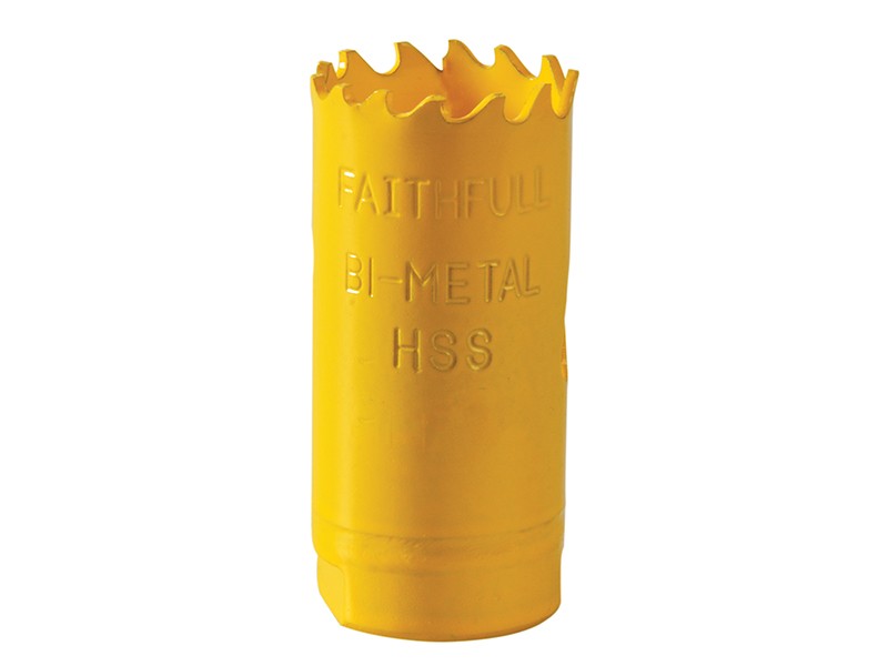 A bi-metal 27mm hole saw with hardened teeth and a centre drill-bit pilot, for cutting large-diameter holes in timber, metal, and plastic.