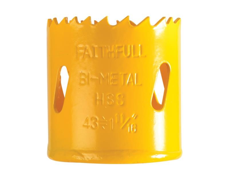 A bi-metal 43mm hole saw with hardened teeth and a centre drill-bit pilot, for cutting large-diameter holes in timber, metal, and plastic.