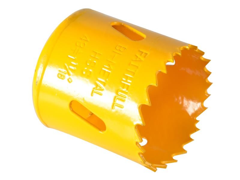 A bi-metal 43mm hole saw with hardened teeth and a centre drill-bit pilot, for cutting large-diameter holes in timber, metal, and plastic.